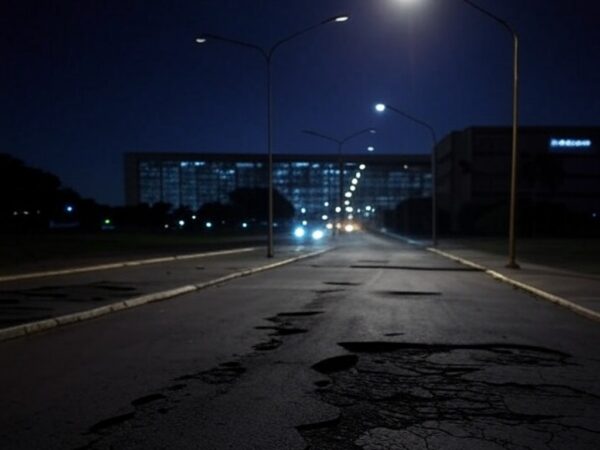 Rua mal iluminada em Brasília, com postes quebrados, destacando negligência na iluminação e riscos para pedestres.