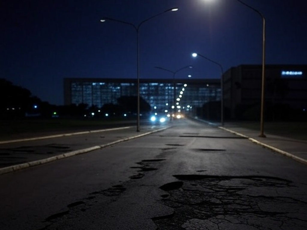 Rua mal iluminada em Brasília, com postes quebrados, destacando negligência na iluminação e riscos para pedestres.