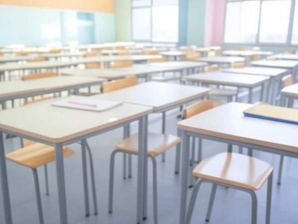 Materiais escolares como cadernos e lápis sobre mesa, com arquitetura de Brasília ao fundo, representando depósito de créditos do Cartão Material Escolar pelo GDF.