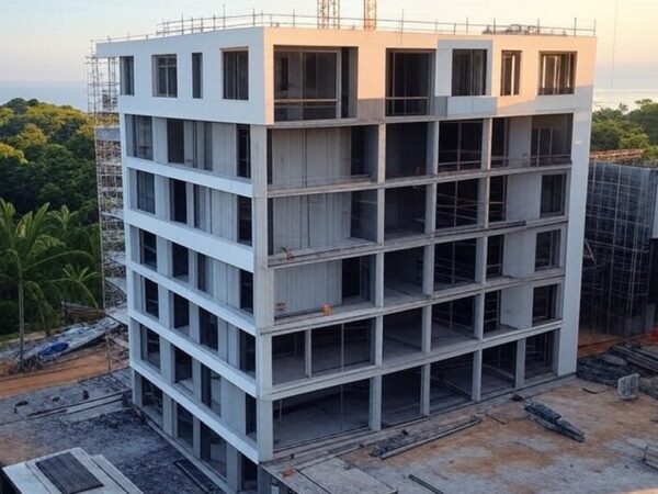 Canteiro de obras de núcleo jurídico da Defensoria Pública em São Sebastião, com estrutura em construção e vista para o mar.