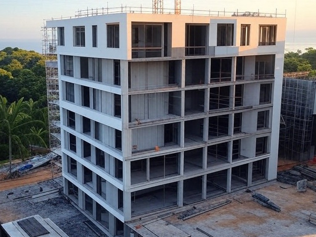 Canteiro de obras de núcleo jurídico da Defensoria Pública em São Sebastião, com estrutura em construção e vista para o mar.