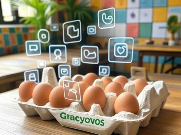 Embalagem de ovos da Gracyovos com elementos digitais de redes sociais, representando campanha viral no Brasil.