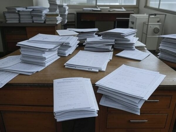 Hospital público em Brasília com documentos burocráticos e sinalizações de quarentena, expondo falhas na saúde do DF.