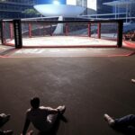 Octógono de MMA da LFA em arena no Distrito Federal, com arquitetura de Brasília ao fundo.