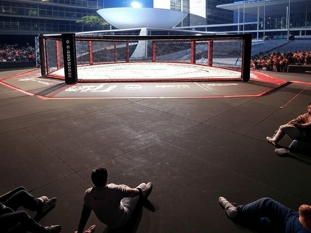 Octógono de MMA da LFA em arena no Distrito Federal, com arquitetura de Brasília ao fundo.