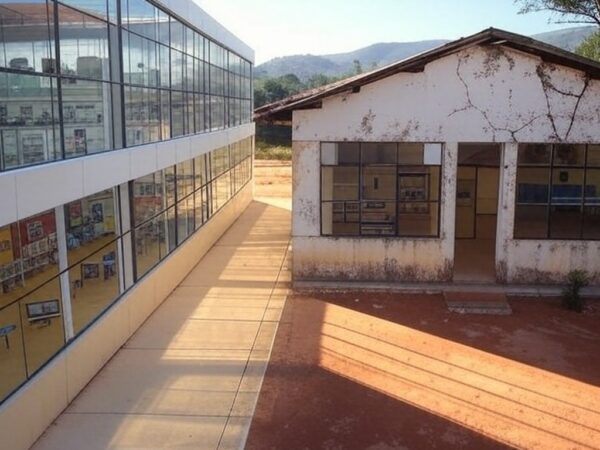 Sala de aula em escola brasileira com equipamentos de robótica abandonados, ilustrando falta de planejamento e risco de desperdício.