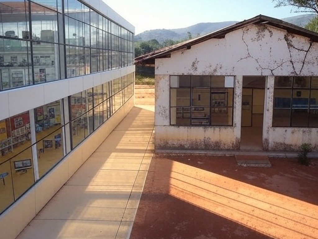 Sala de aula em escola brasileira com equipamentos de robótica abandonados, ilustrando falta de planejamento e risco de desperdício.