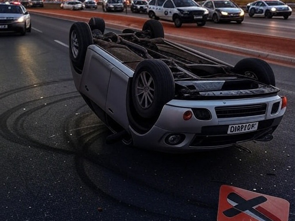 Cena de acidente com carro capotado em avenida de Brasília, viaturas da PMDF no local, representando embriaguez ao volante e perda de habilitação.