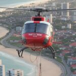 Helicóptero dos bombeiros do DF em resgate aéreo sobre Fortaleza, salvando criança com condição cardíaca.