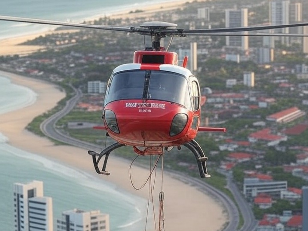 Helicóptero dos bombeiros do DF em resgate aéreo sobre Fortaleza, salvando criança com condição cardíaca.
