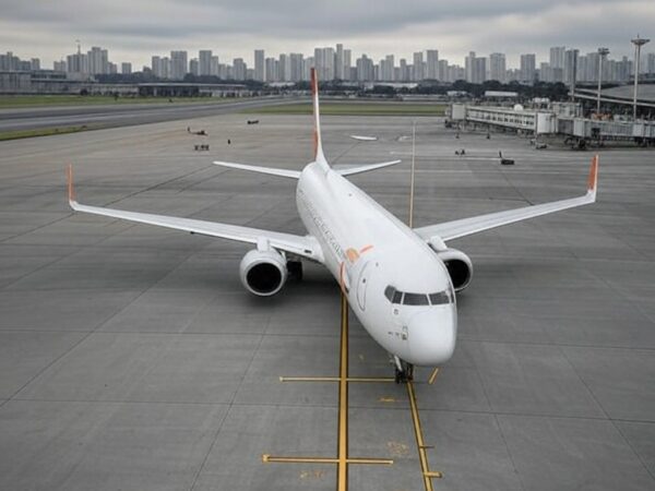 Avião da Gol no Aeroporto de Congonhas em São Paulo, representando a companhia aérea fundada por Constantino Junior.