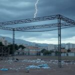 Estrutura atingida por raio próximo a palco em ato de Nikolas Ferreira em Belo Horizonte.