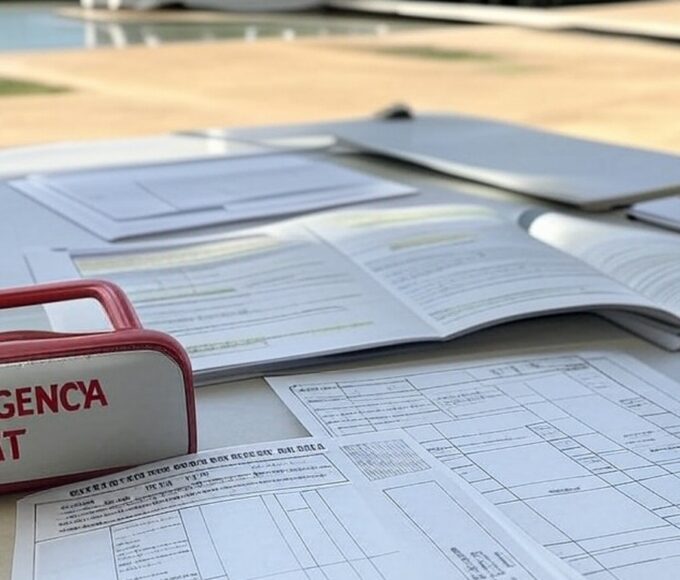 Edifício da CLDF em Brasília com papéis de concursos e kit de primeiros socorros, destacando obrigatoriedade que complica candidatos no DF.