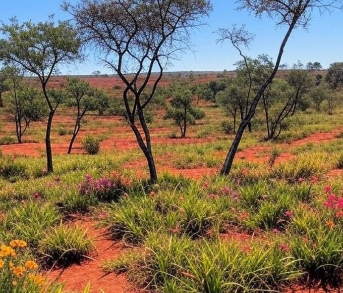 Paisagem do Jardim Botânico de Brasília preservando a biodiversidade do Cerrado com vegetação nativa e relevo típico.