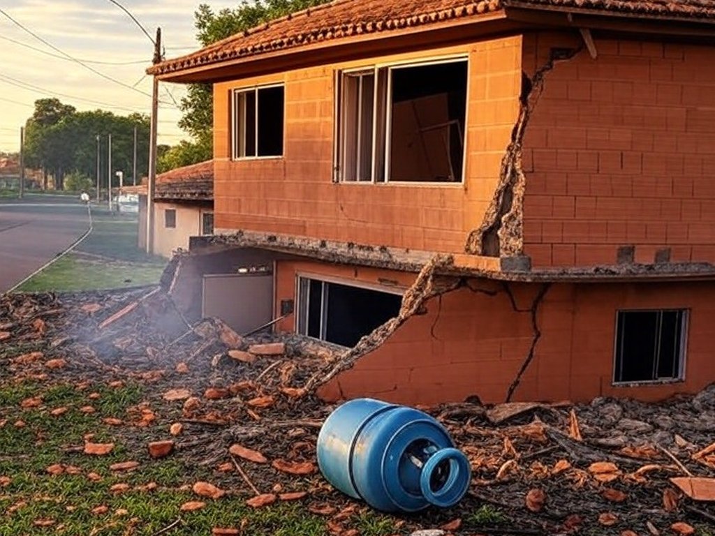 Residência em Ceilândia danificada por explosão de botijões de gás, com destroços e fumaça.