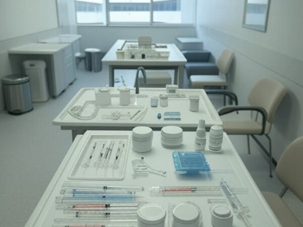 Sala de procedimentos estéticos vazia em clínica no DF, com equipamentos desorganizados, destacando riscos na enfermagem estética.
