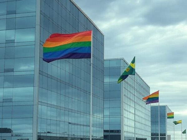 Edifício da CLDF em Brasília com bandeiras arco-íris desbotadas sob céu nublado, representando programa LGBTQIAPN+ e críticas de negligência.