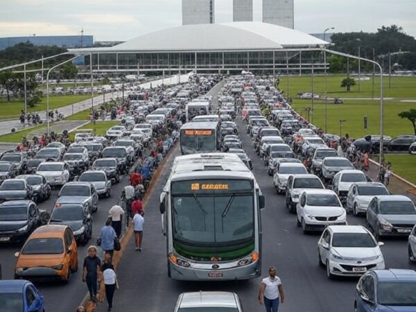 Ônibus de transporte público em avenida de Brasília com Congresso ao fundo, representando lei de transparência em custos no DF com falhas.