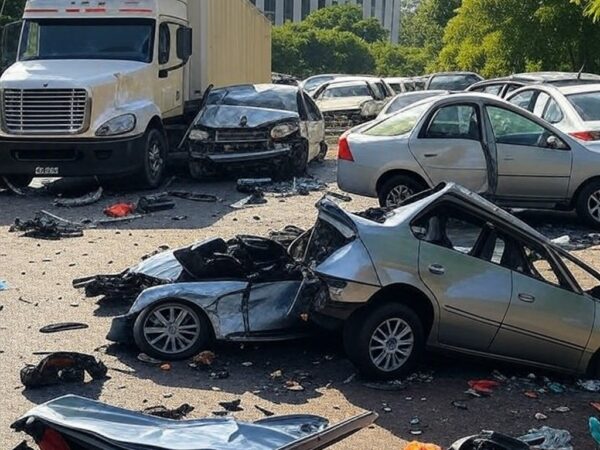 Cena de acidente com caminhão atingindo carros no Jardim Botânico, Brasília.