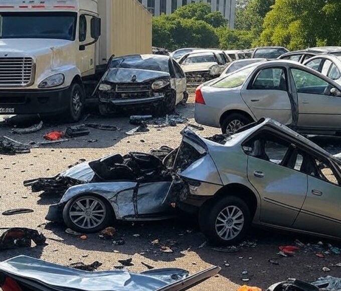 Cena de acidente com caminhão atingindo carros no Jardim Botânico, Brasília.