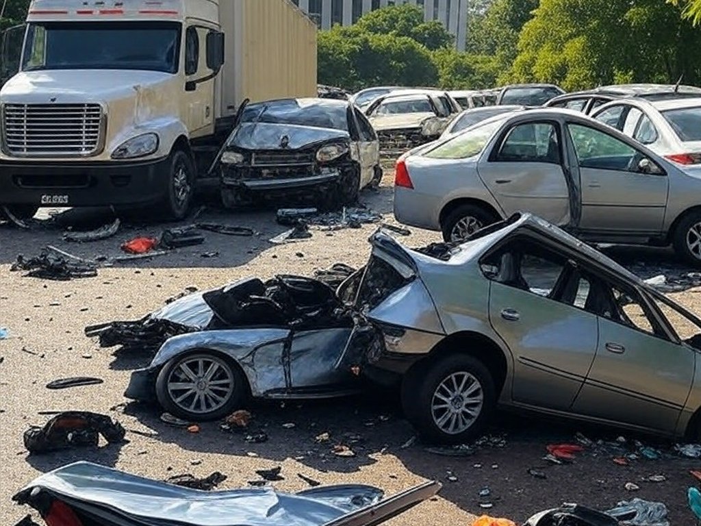 Cena de acidente com caminhão atingindo carros no Jardim Botânico, Brasília.