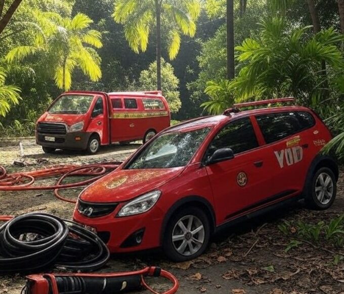 Acidente de carro no Jardim Botânico do Rio de Janeiro com viatura de bombeiros, deixando dois feridos.