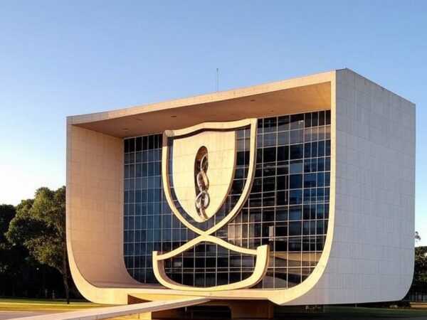 Edifício governamental em Brasília representando o Programa Família Protegida contra violência doméstica, com símbolos de proteção e união.