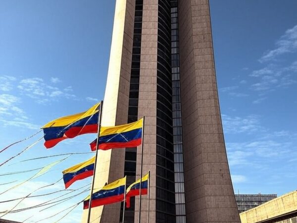 Vista da Torre de TV em Brasília com bandeiras venezuelanas ao redor, representando celebração de refugiados.