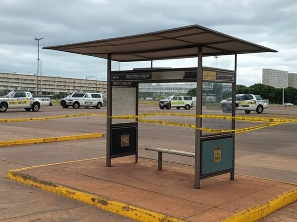 Parada de ônibus isolada com fita policial em Brasília, cena de investigação no DF.
