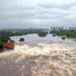 Reservatório do Descoberto transbordando no DF, expondo fragilidades hídricas no Brasil.