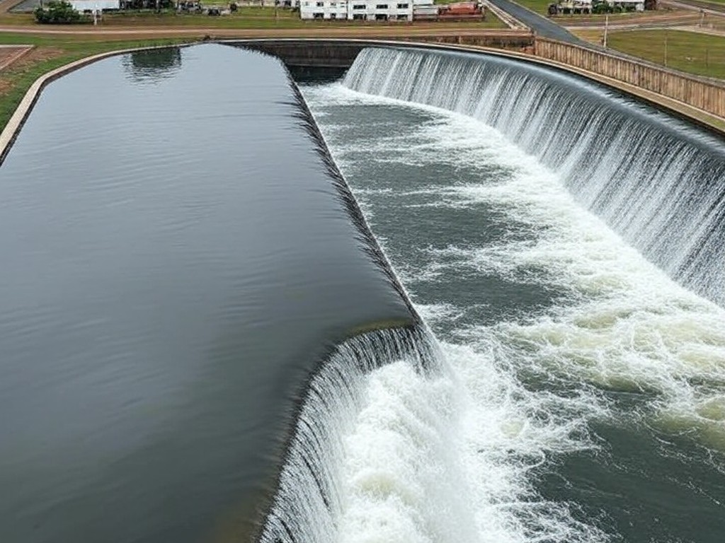 Reservatório do Descoberto transbordando no Distrito Federal, expondo falhas hídricas em barragem e paisagem do Planalto Central.