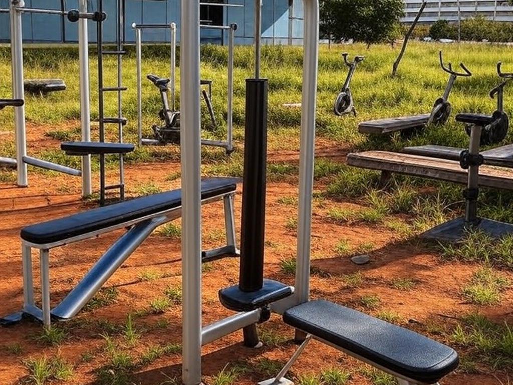 Academia ao ar livre para idosos em parque de Brasília, com elementos de negligência urbana no Distrito Federal.