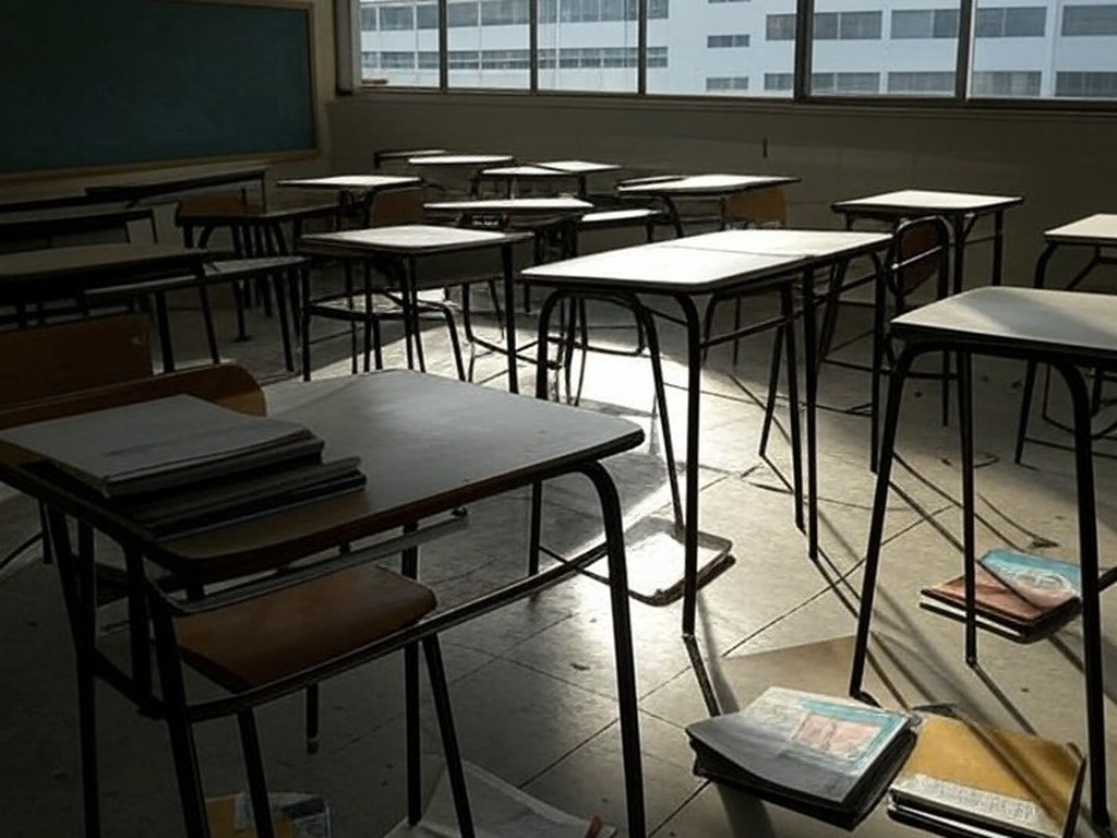 Sala de aula vazia e deteriorada em escola pública de Brasília, simbolizando o impacto negativo da lei que encurta mandatos escolares no DF.