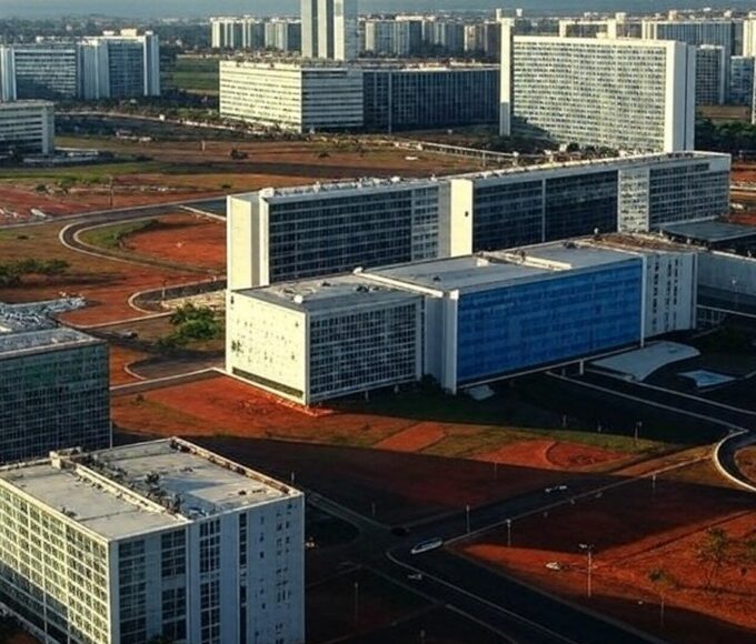 Vista panorâmica de Brasília com arquitetura moderna e áreas urbanas, representando licitação de 86 imóveis no Distrito Federal.