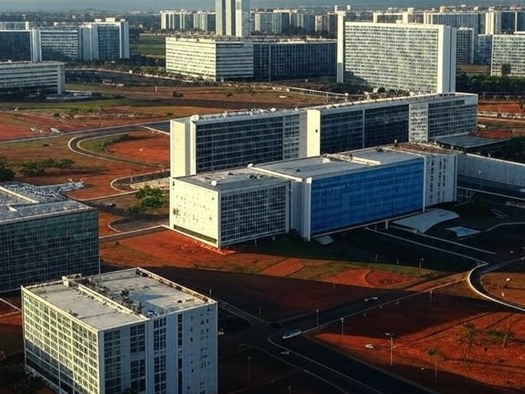 Vista panorâmica de Brasília com arquitetura moderna e áreas urbanas, representando licitação de 86 imóveis no Distrito Federal.