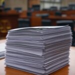 Documentos oficiais em mesa de tribunal do TCU em Brasília, simbolizando suspensão de inspeção no Banco Central.