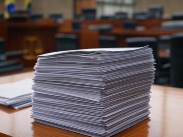 Documentos oficiais em mesa de tribunal do TCU em Brasília, simbolizando suspensão de inspeção no Banco Central.