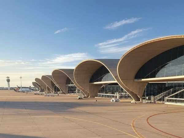 Vista do Aeroporto de Brasília, eleito o segundo mais pontual do mundo pela Cirium, com terminal moderno e aviões na pista.