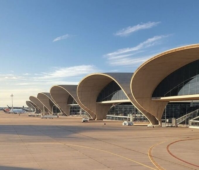 Vista do Aeroporto de Brasília, eleito o segundo mais pontual do mundo pela Cirium, com terminal moderno e aviões na pista.
