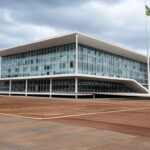 Edifício da CLDF em Brasília com correntes quebradas simbolizando lei contra trabalho escravo que ameaça falir empresas no DF.