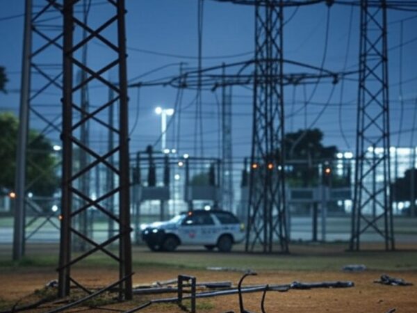 Subestação elétrica no DF com viatura da PM e indícios de tentativa de furto de cabos.