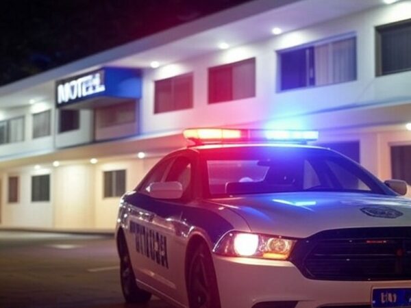 Viatura da Polícia Militar do DF em frente a motel em Brasília, indicativo de operação policial por tentativa de furto.