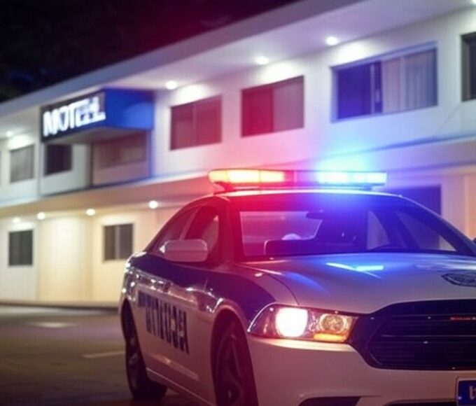 Viatura da Polícia Militar do DF em frente a motel em Brasília, indicativo de operação policial por tentativa de furto.