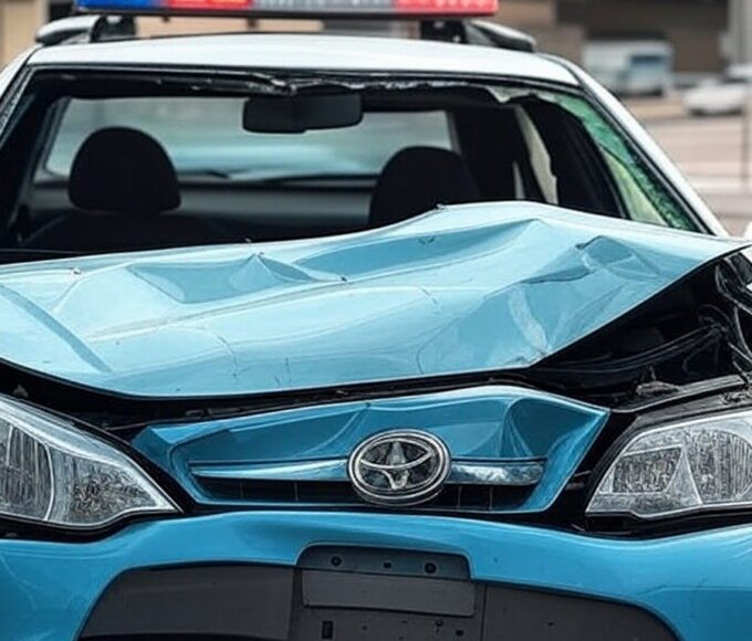 Viatura oficial da Polícia Militar brasileira danificada em acidente, representando custos milionários ao Estado.