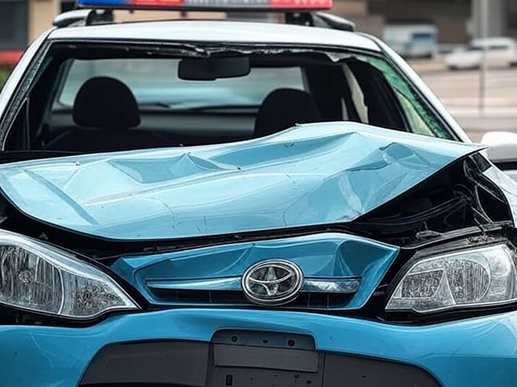 Viatura oficial da Polícia Militar brasileira danificada em acidente, representando custos milionários ao Estado.