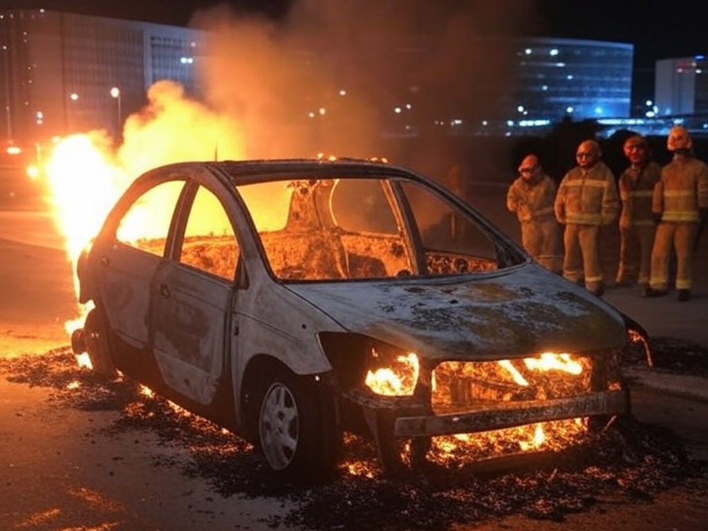 Carro em chamas com corpo carbonizado encontrado no Distrito Federal, cena de incêndio em rua de Brasília.