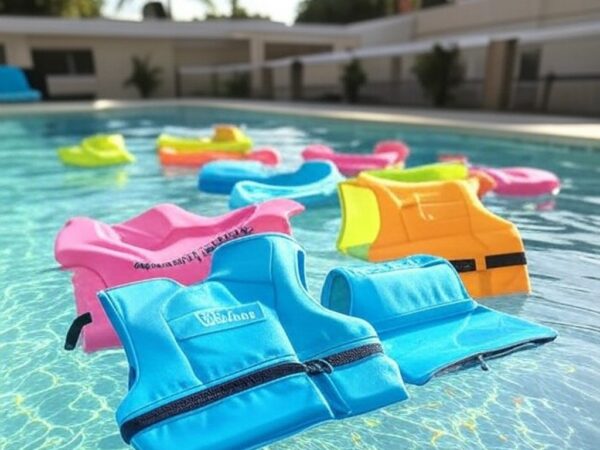 Roupas flutuantes Titibum boiando em piscina brasileira, representando negócio de sucesso de Cássia Dillem.