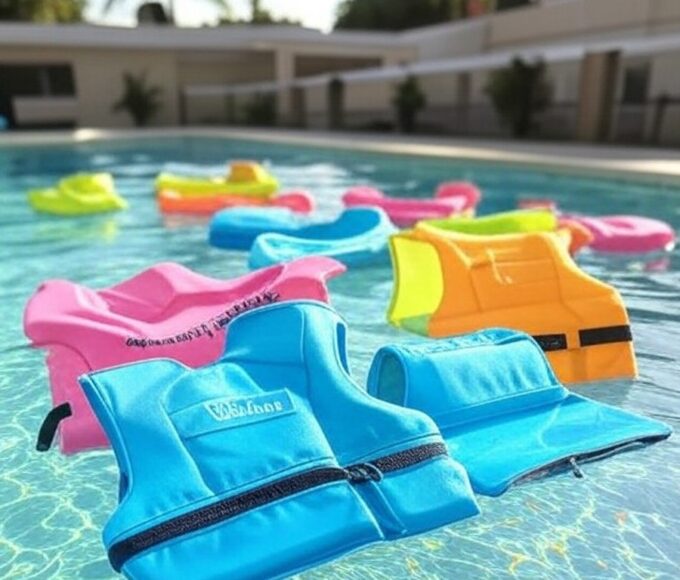 Roupas flutuantes Titibum boiando em piscina brasileira, representando negócio de sucesso de Cássia Dillem.