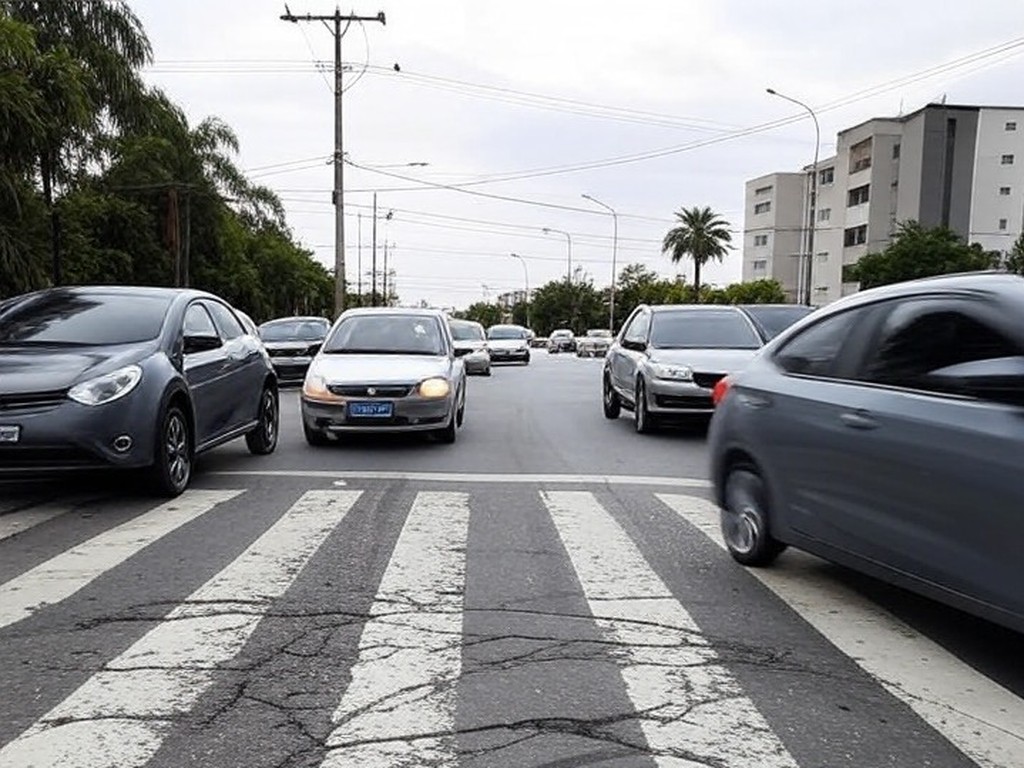 Via movimentada no Jardim Botânico, DF, com marcas de acidentes e demanda por passarela de pedestres.
