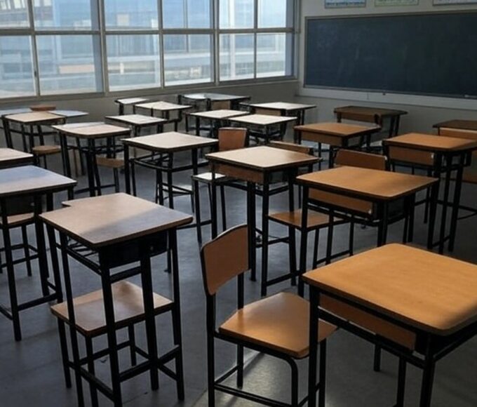 Sala de aula vazia em escola do DF, representando anúncio de treinamento tardio para professores detectarem abusos em alunos.